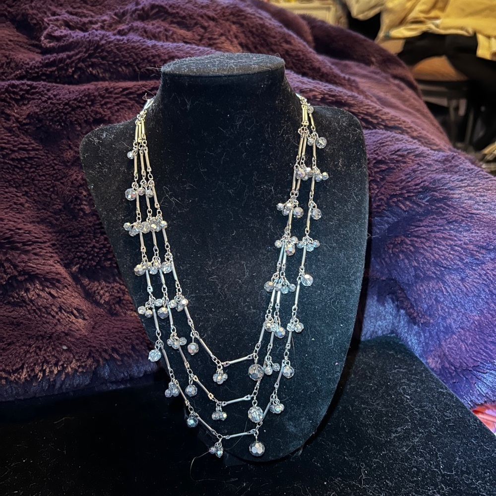 Blingy Talbots Silver Layered Necklace w/Clear Accents, Vintage!